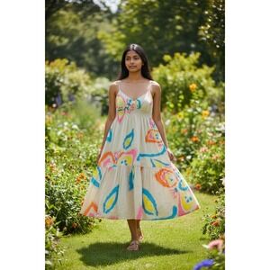 Old Navy Juniors XS Boho Smocked Waist Tiered Ruffle Print Spaghetti Strap